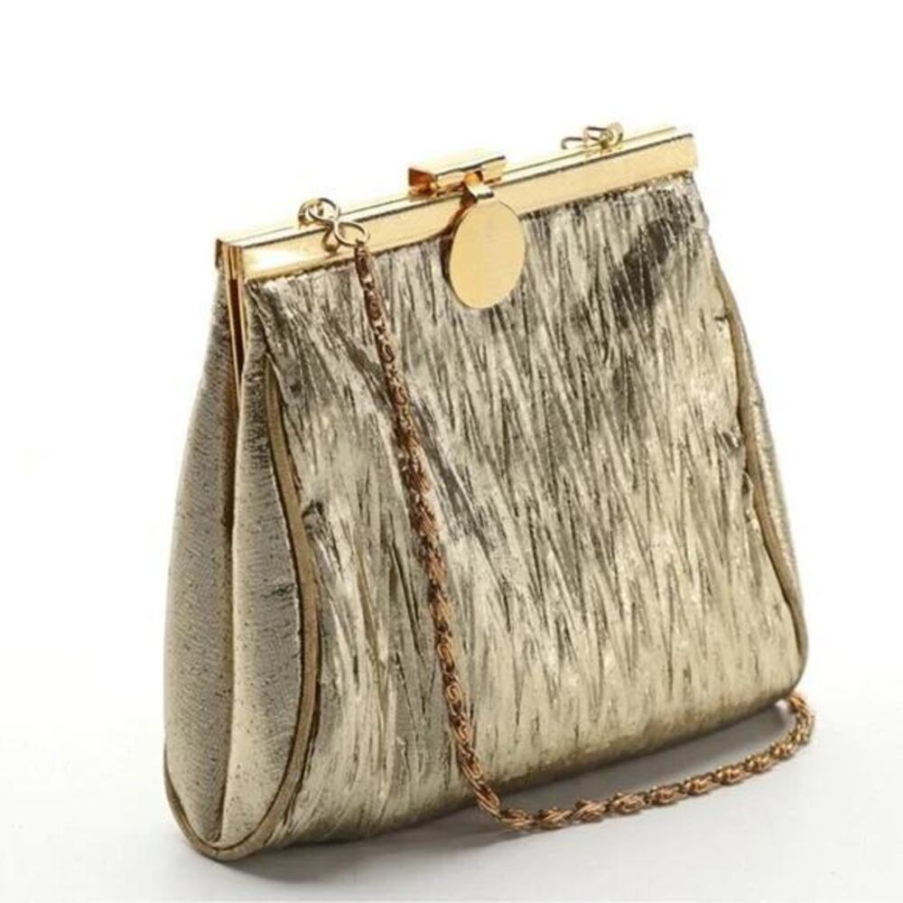 Vintage La Regale Gold Lame Evening Bag Chain Clutch Purse